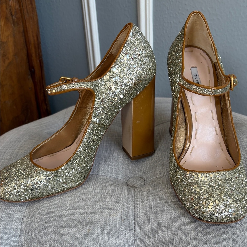 Miu Miu Gold Glitter Mary Jane Block Heels – Size 37.5 - Picture 3 of 15